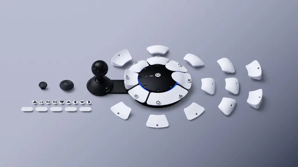 access controller by playstation, a round controller with several buttons and a joystick